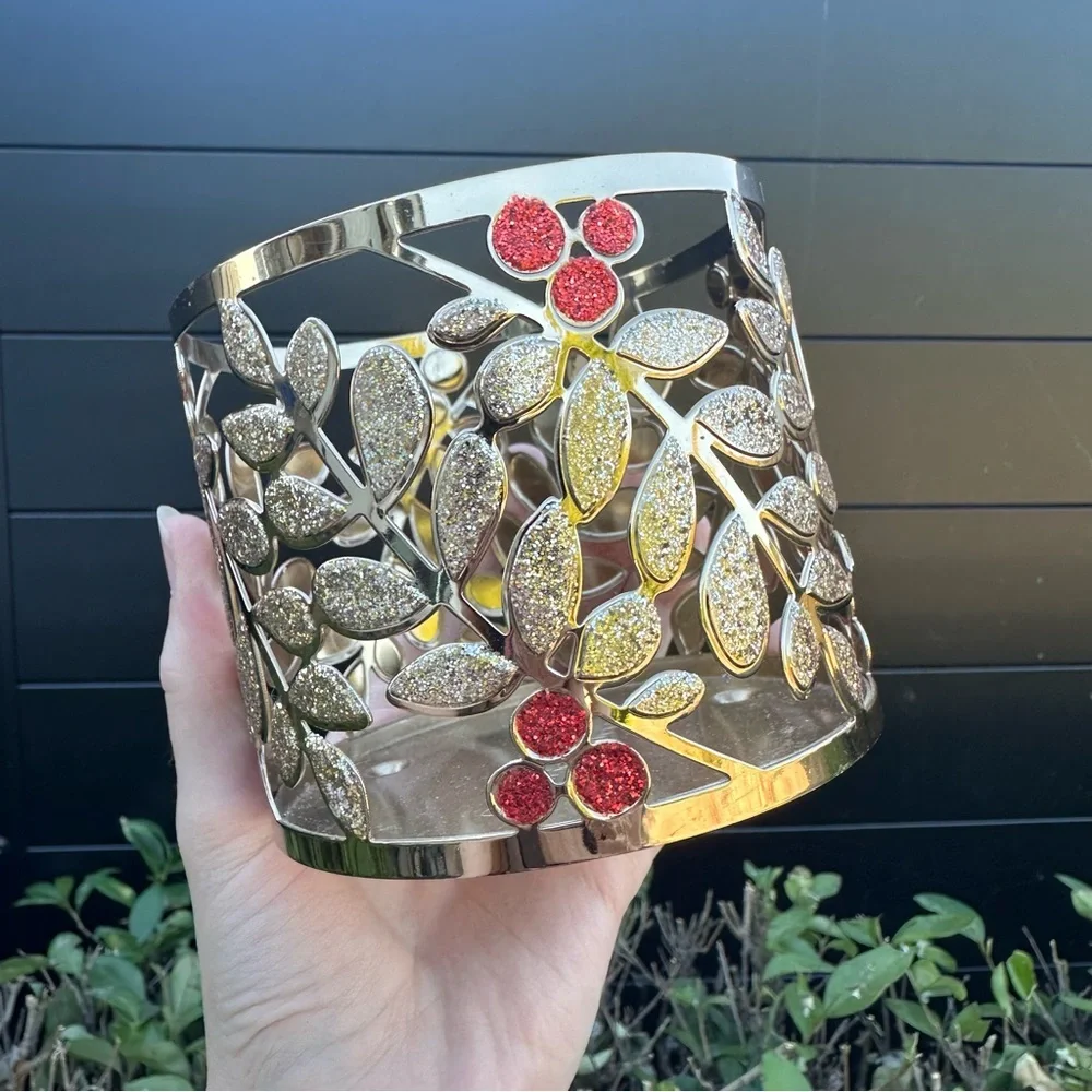 Bath & Body Works Gold Red Glitter Metal 3-Wick Candle Holder Collectible